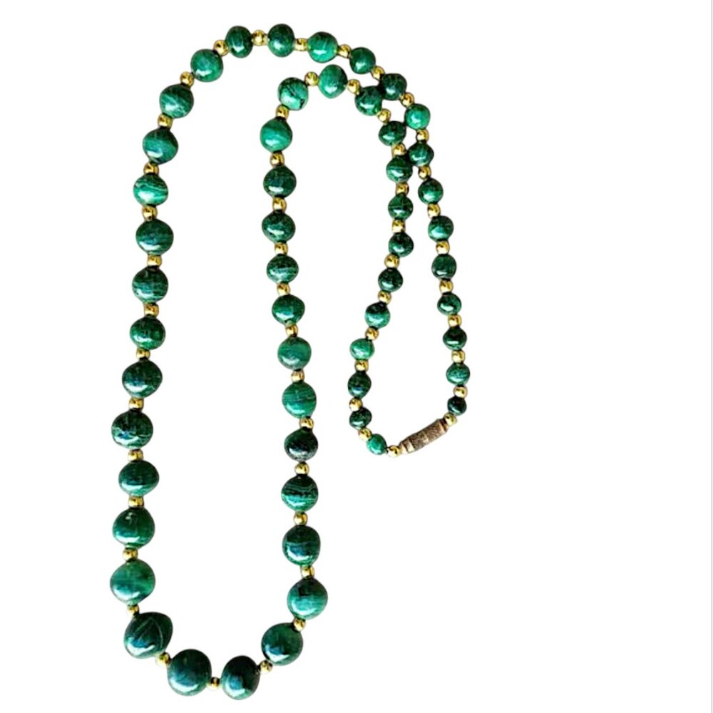 Chinese MALACHITE Graduated Bead Necklace w/Gold Spacers Vintage  25 1/2"